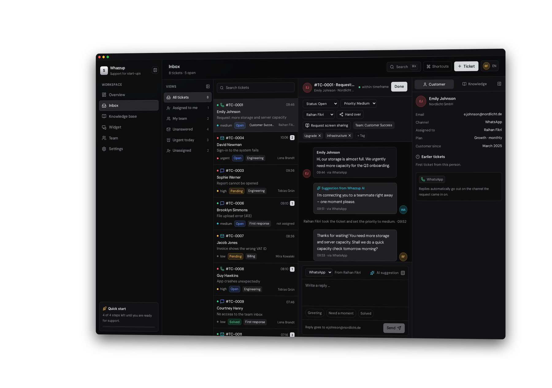 Whazzup inbox with queues, conversation and customer context